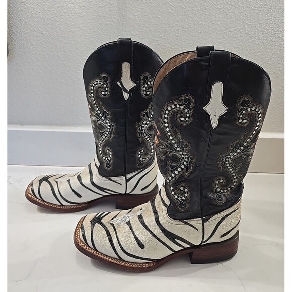 Ferrini Leather Boots White Tiger Black Stingray Womens 9B Exotic Cowgirl Boho - Picture 1 of 10